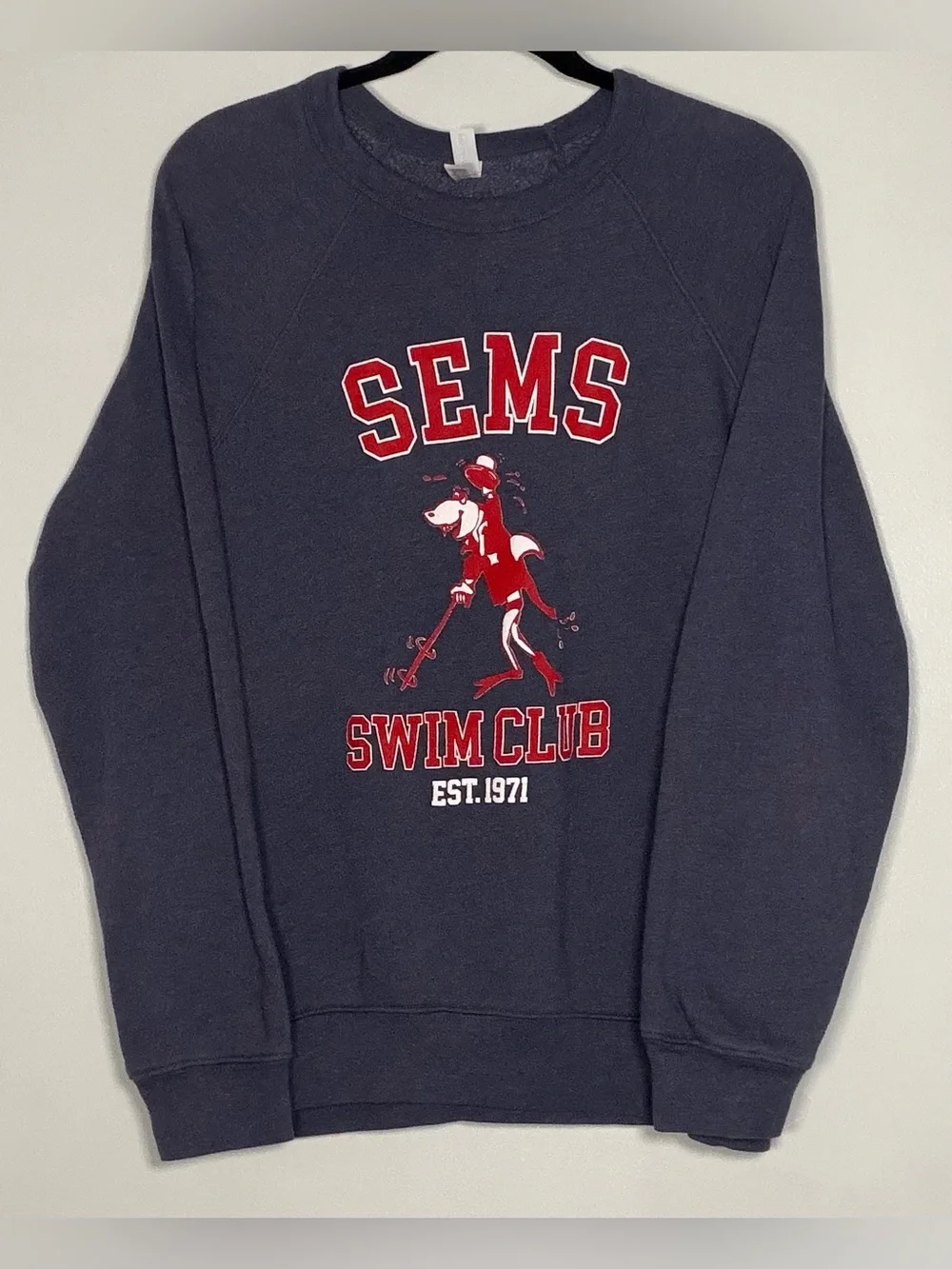 Bella Canvas Men's Navy Crewneck SEMS Swim Club Sweatshirt with Red Graphic